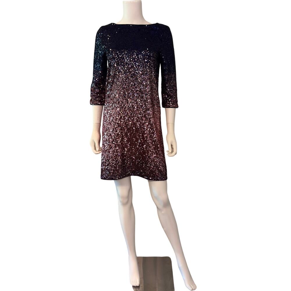 Maia Sequin Ombre Mini Dress 4 Navy Pink 3/4 Sleeve Cocktail Holiday Party - Picture 2 of 12